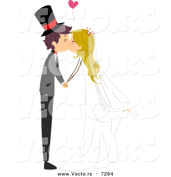 Vector of a Young Bride and Groom Kissing During Wedding