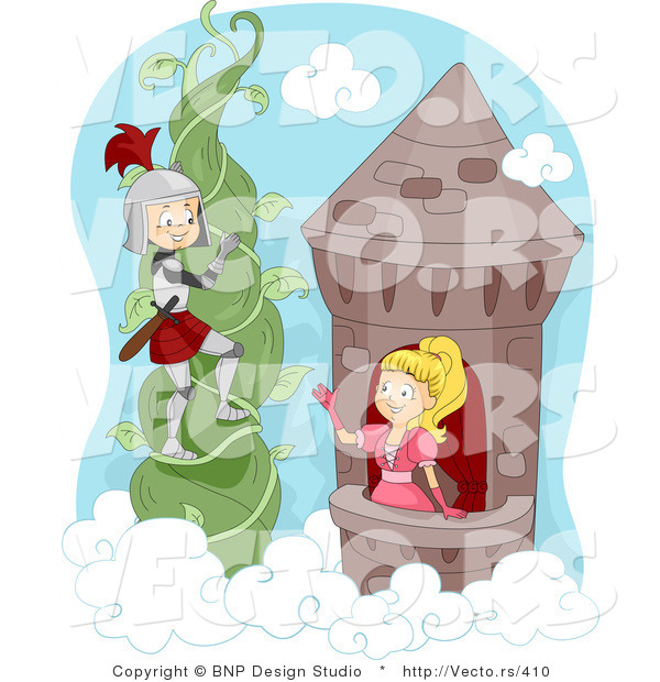 Vector of a Young Cartoon Knight Climbing a Tree Vine to Rescue a Pretty Princess