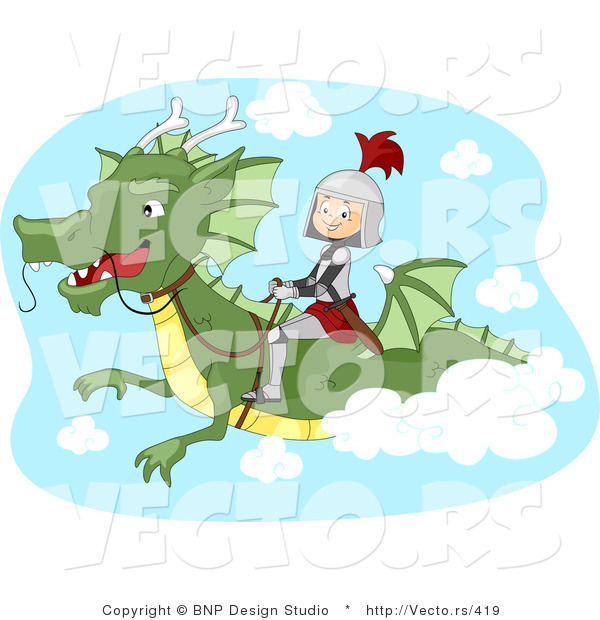 Vector of a Young Cartoon Knight Flying on His Green Dragon
