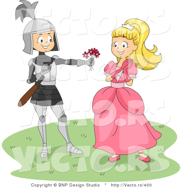 Vector of a Young Happy Knight Giving Princess Flowers