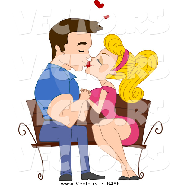 Vector of a Young Man and Woman Kissing at a Bench