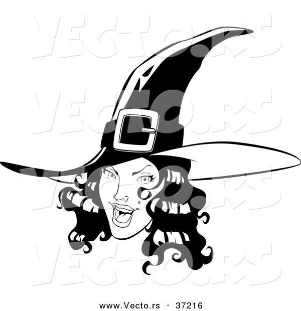 Vector of a Young Pretty Witch - Black and White Line Art