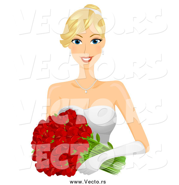 Vector of a Young White Blond Bride Wearing Gloves and Holding Red Flowers