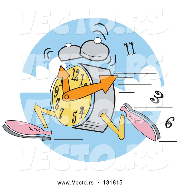 Vector of Alarm Clock Wearing Shoes, Running, Ringing and Dropping Numbers