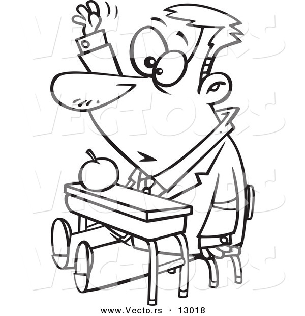 Vector of an Adult Cartoon Male Student Raising His Hand in Class - Coloring Page Outline Version