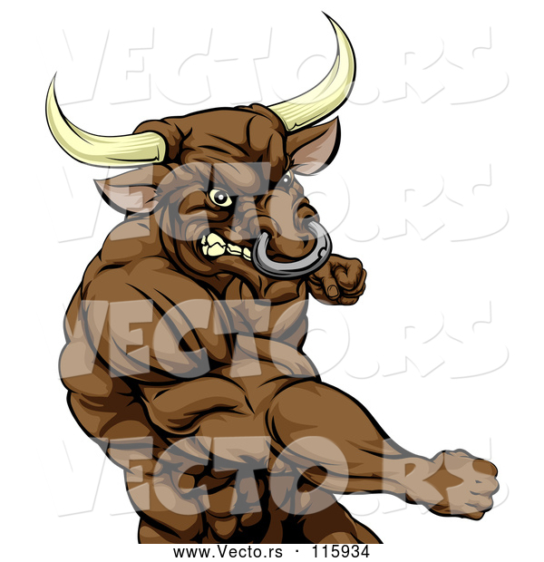 Vector of an Aggressive Cartoon Bull Mascot Punching