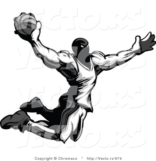Vector of an Airborne Basketball Player Dunking Basketball - Grayscale
