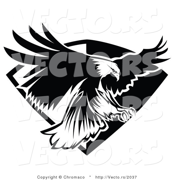 Vector of an American Bald Eagle Flying over a Badge - Black and White Version