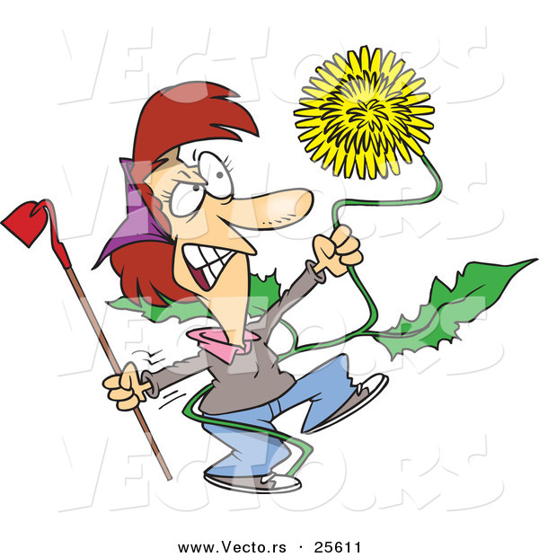 Vector of an Angry Cartoon Woman Strangling a Giant Dandelion Weed