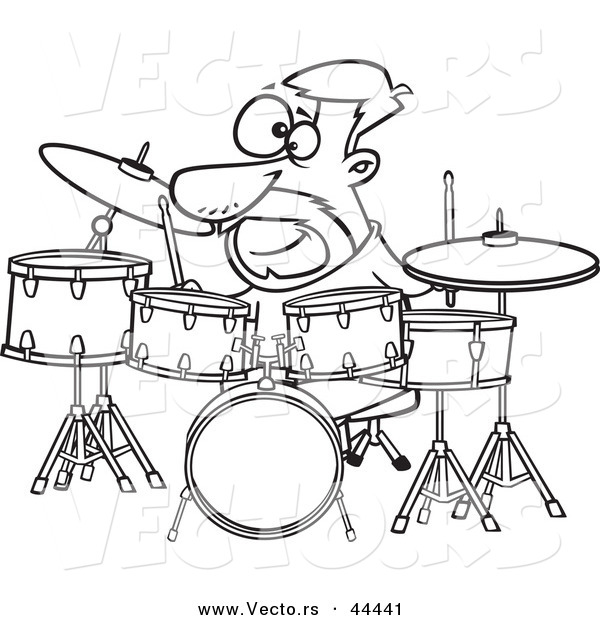 Vector of an Awesome Cartoon Drummer Dude with His Instruments - Coloring Page Outline