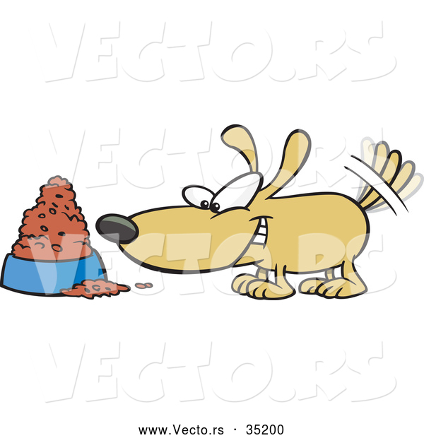 Vector of an Excited Cartoon Dog Wagging His Tail in Front of a Full Food Bowl