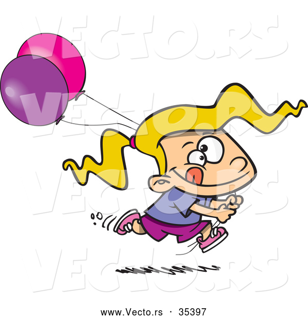 Vector of an Excited Cartoon Girl Running with Pink and Purple Birthday Party Balloons
