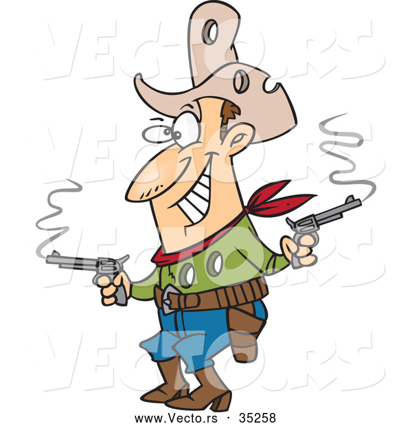 Vector of an Excited Cartoon Walking Dead Cowboy Shooting Pistols with Bullet Holes Through His Chest and Hat