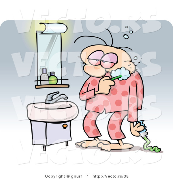 Vector of an Exhausted Cartoon Man Brushing His Teeth in the Bathroom