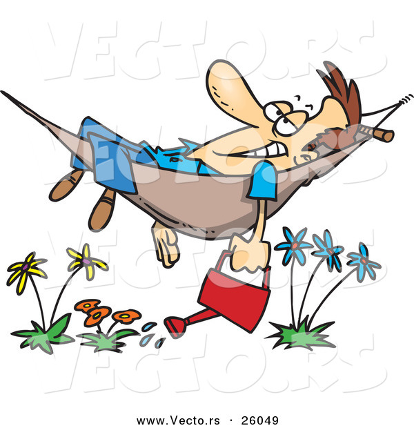 Vector of an Exhausted Cartoon Man Relaxing in a Hammock with a Garden Water Can and Flowers