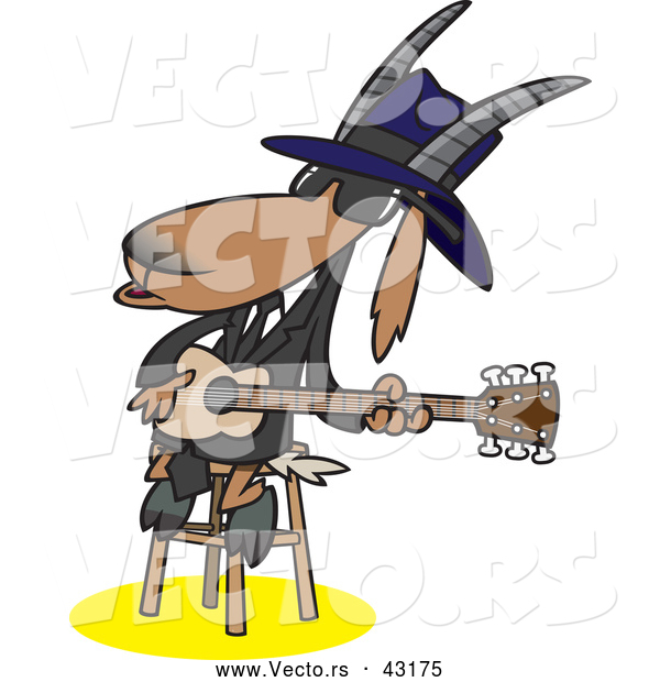 Vector of an Intelligent Cartoon Blues Music Goat Musician Playing a Guitar