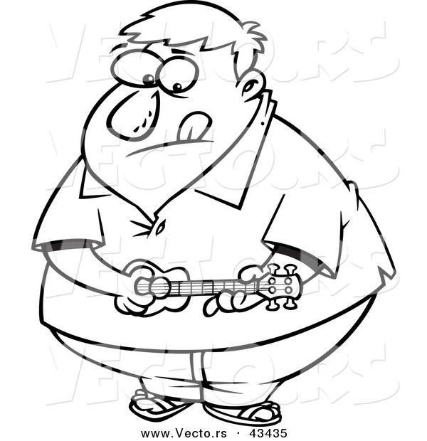 Vector of an Obese Cartoon Man Playing a Ukelele - Coloring Page Outline