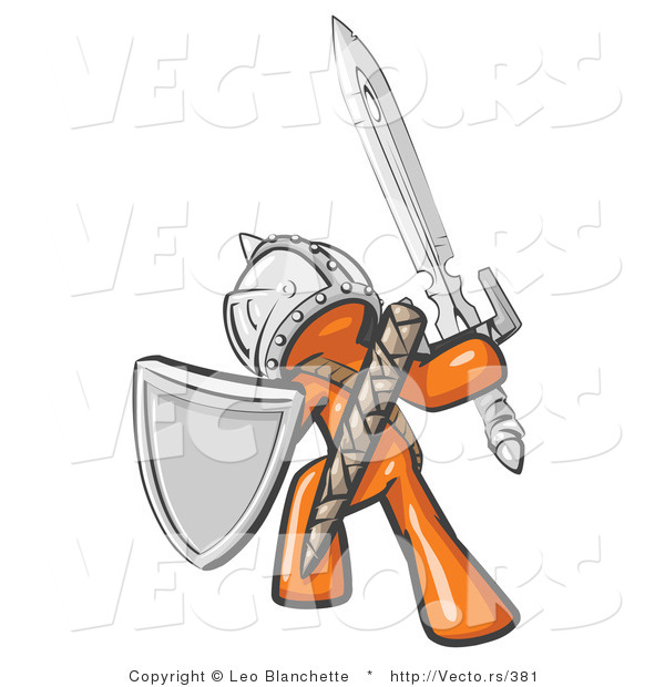 Vector of an Orange Knight with Shield and Sword Standing in Battle Mode