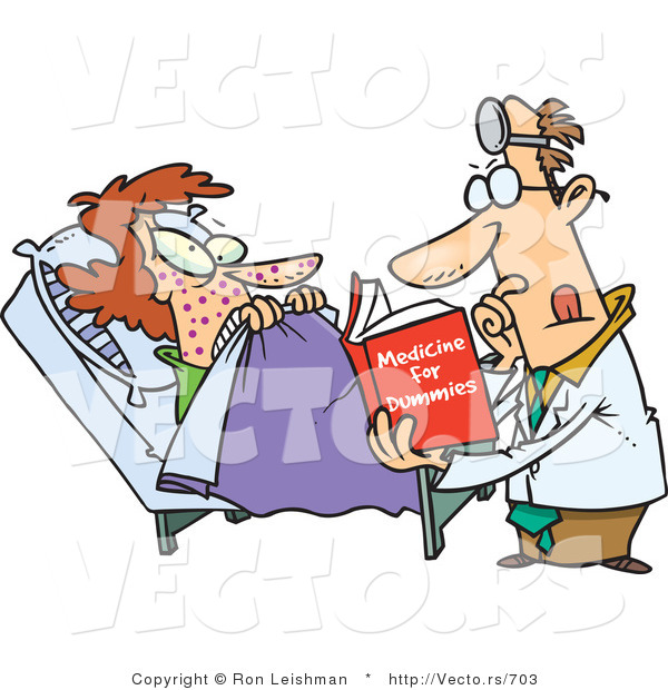 Vector of an Uneducated Cartoon Doctor Reading Medical Book Beside Nervous Sick Patient in a Hospital