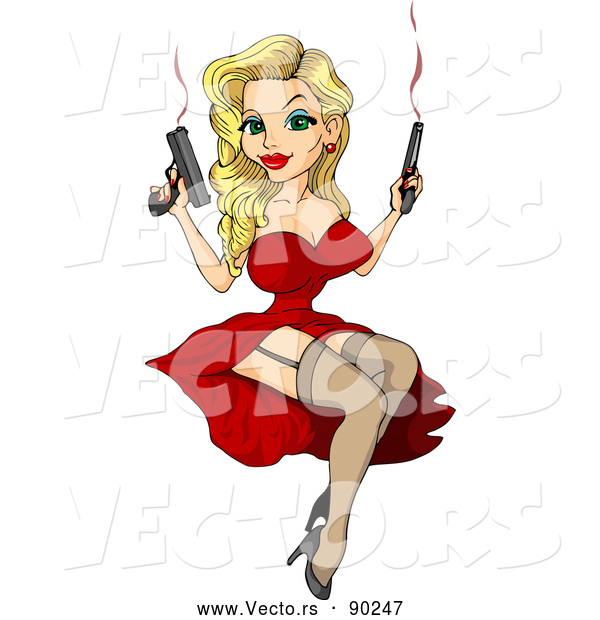 Vector of an Unstoppable Cartoon Blond Pinup Girl Armed with Smoking Guns