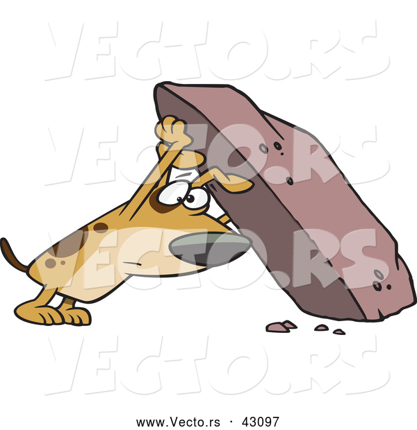 Vector of an Upset Cartoon Dog Looking for Hidden Treasure Under a Big Rock