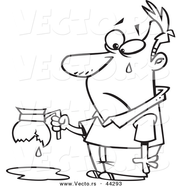 Vector of an Upset Cartoon Tearing Man Holding a Broken Coffee Pot - Coloring Page Outline