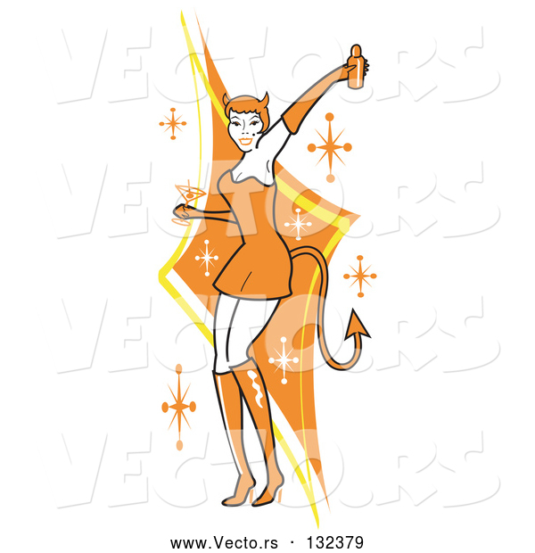 Vector of Attractive Lady in a Tight Orange Dress, Gloves and Tall Boots and Forked Devil Tail, Dancing While Drinking at a Halloween Party