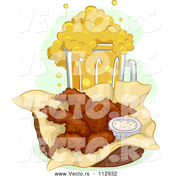 Vector of Basket of Buffalo Wings and a Frothy, Overflowing Mug of Beer
