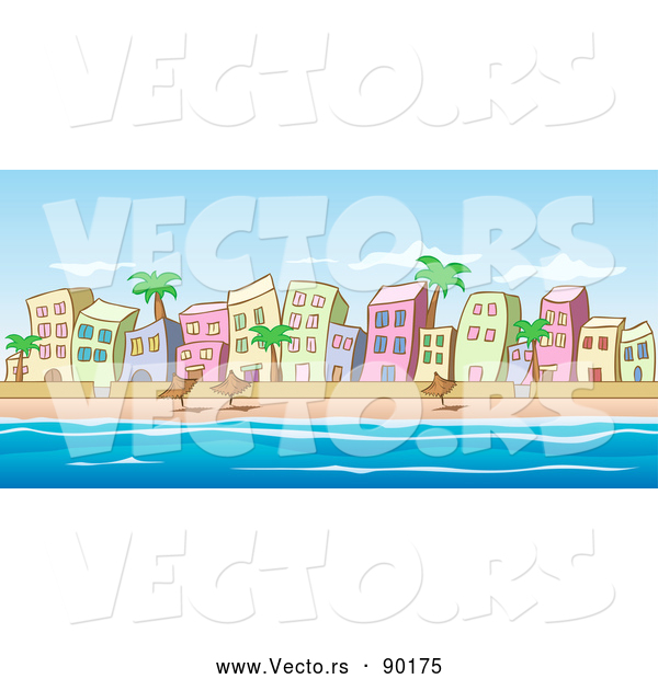 Vector of Beachfront Buildings Scene with Ocean and Blue Sky