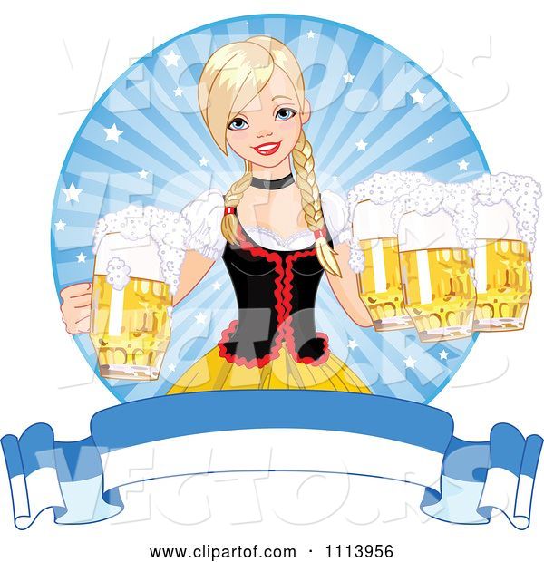Vector of Beautiful Blond Oktoberfest Bar Maiden with Beer over a Banner