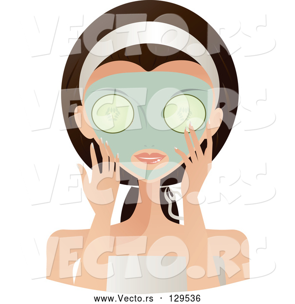 Vector of Beautiful Brunette White Lady with Green Eyes, Facing Front, Applying a Mask and Holding Cucumbers over Her Eyes