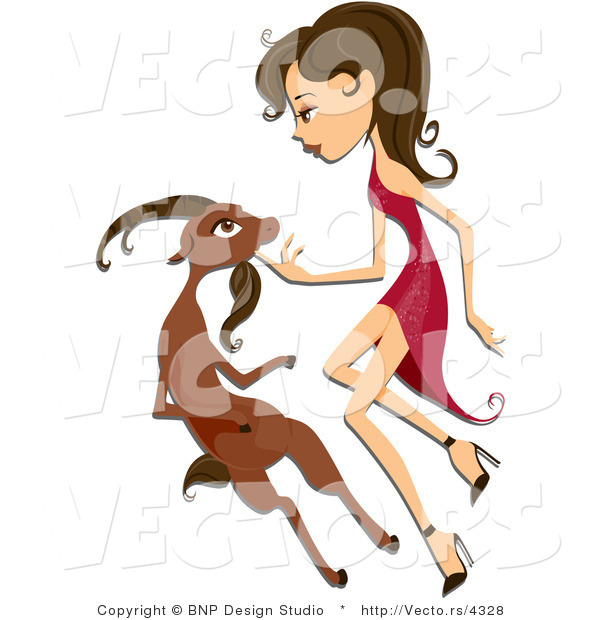 Vector of Beautiful Capricorn Zodiac Girl Petting a Goat