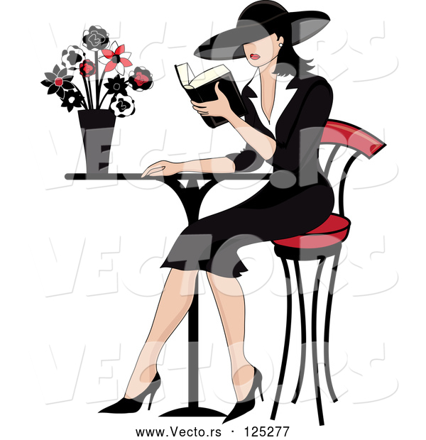 Vector of Beautiful French Lady Reading a Book at a Bistro Table