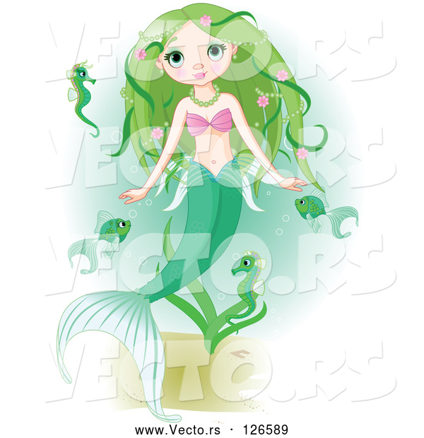 Vector of Beautiful Green Haired Mermaid Swimming with Fish and Seahorses