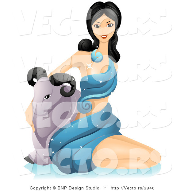 Vector of Beautiful Horoscope Aries Girl Sitting Beside a Ram