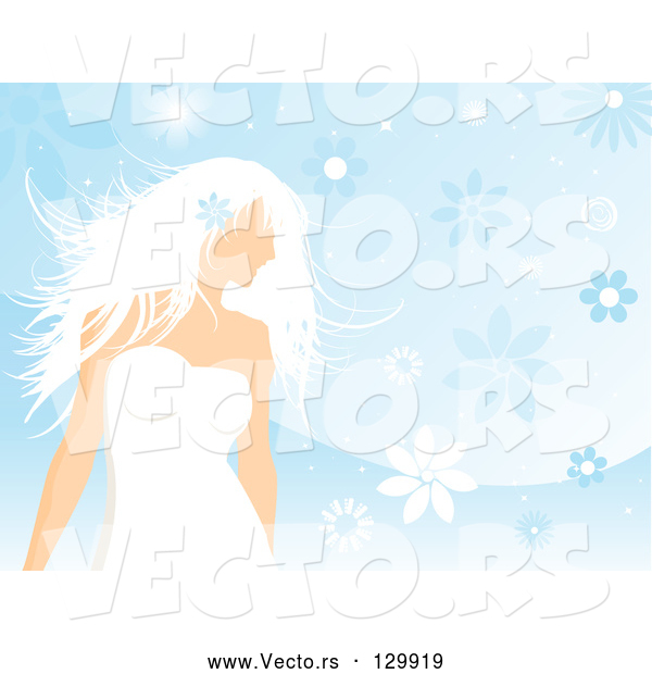 Vector of Beautiful White Haired Lady in a White Dress, Wearing a Blue Flower in Her Hair and Standing over a Blue Floral Background