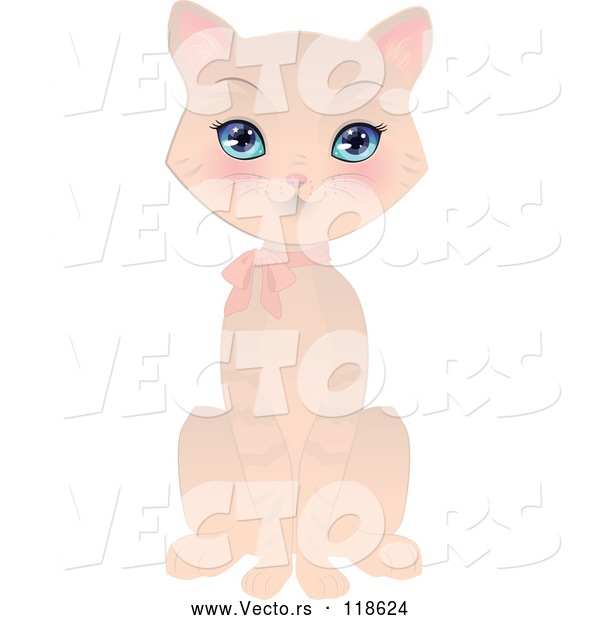 Vector of Beige Cat Wearing a Pink Bow
