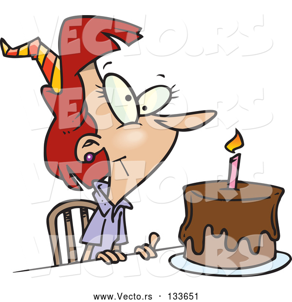 Vector of Birthday Lady with Candle on a Birthday Cake