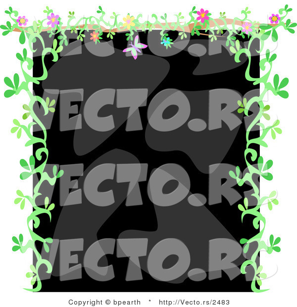 Vector of Black and Gray Background Bordered with Green Floral Vines and Flowers