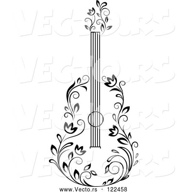 Vector of Black and White Floral Guitar 3