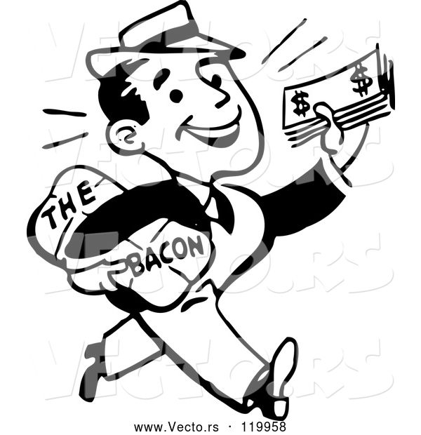 Vector of Black and White Retro Guy Taking Home the Bacon