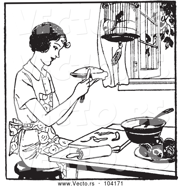 Vector of Black and White Retro Woman Making Apple Pie