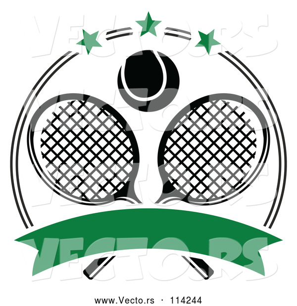 Vector of Black and White Tennis Ball over Crossed Rackets in a Circle with Stars and a Blank Green Banner