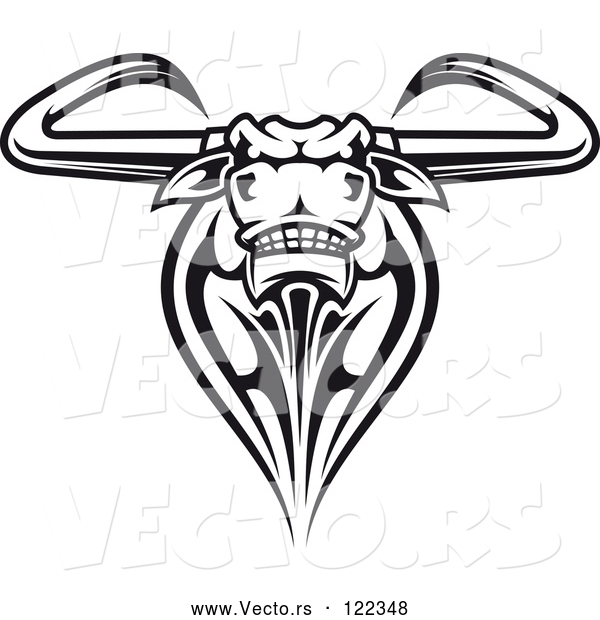 Vector of Black and White Tribal Texas Longhorn Steer Bull 1
