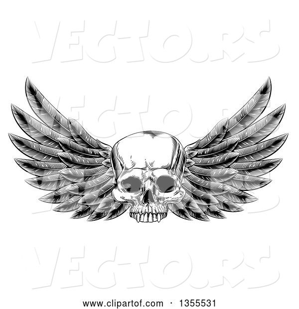 Vector of Black and White Vintage Engraved or Woodcut Winged Human Skull