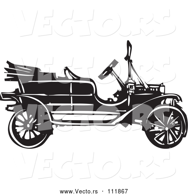 Vector of Black and White Woodcut Antique Model T Car