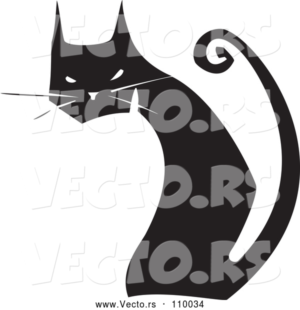 Vector of Black and White Woodcut Black Cat Sitting and Looking Back