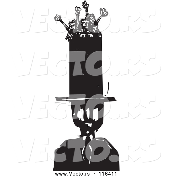 Vector of Black and White Woodcut KChildren Trying to Escape from a Banker's Tall Hat