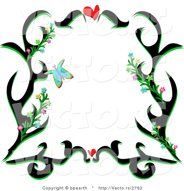 Vector of Black Floral Vines Border Design with Love Hearts and Butterflies