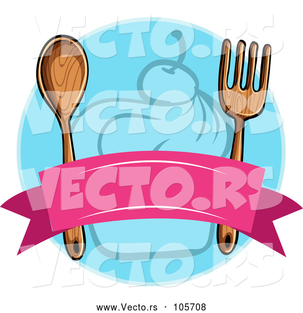 Vector of Blank Banner with a Wood Fork and Spoon over a Blue Cupcake Circle